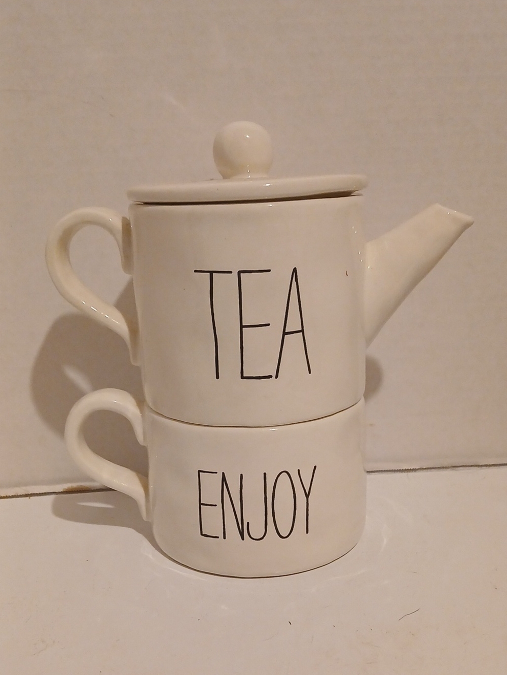 Mud Pie White Ceramic Tea For One Set with Black Lettering